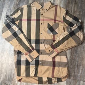 Burberry Beige Plaid Button-Up Shirt with Olive and Black Stripes